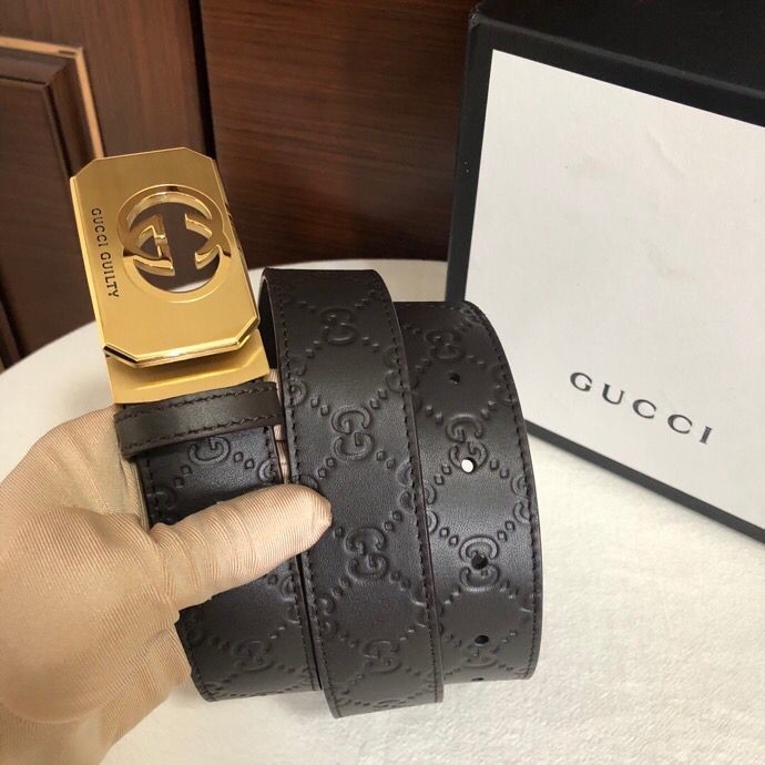 Gucci 3.5cm embossed leather belt with steel hollow metal buckle