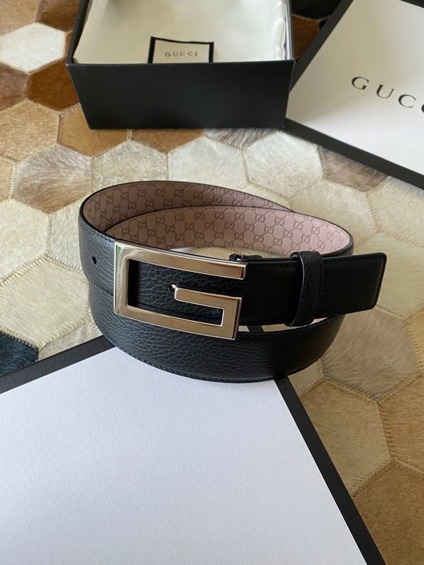 Gucci 3.5cm full leather black gold buckle/silver buckle GG belt