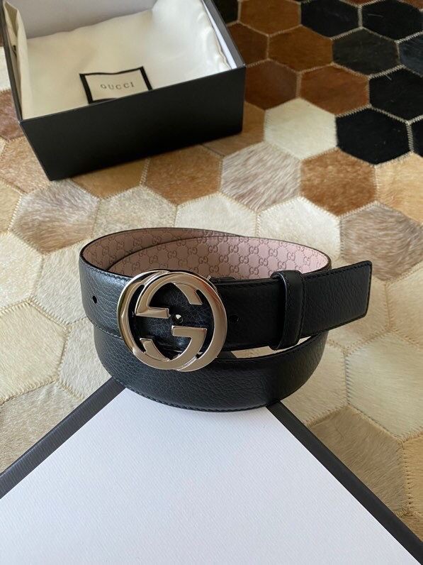 Gucci 3.5cm full leather black gold buckle/silver buckle GG belt