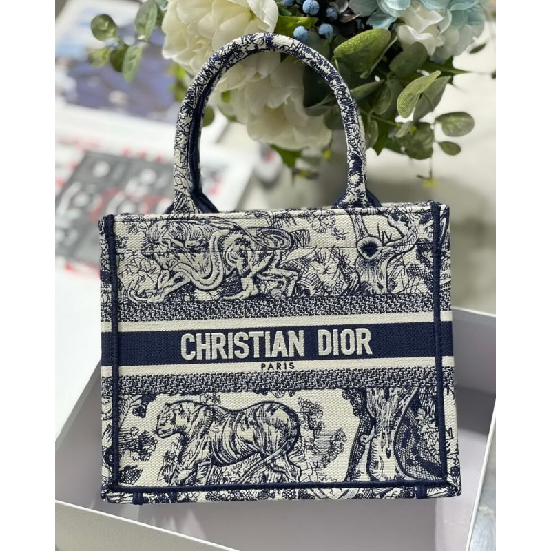 Christian Dior Small Book Tote Bag 26cm Toile De Jouy Reverse Embroidery Blue