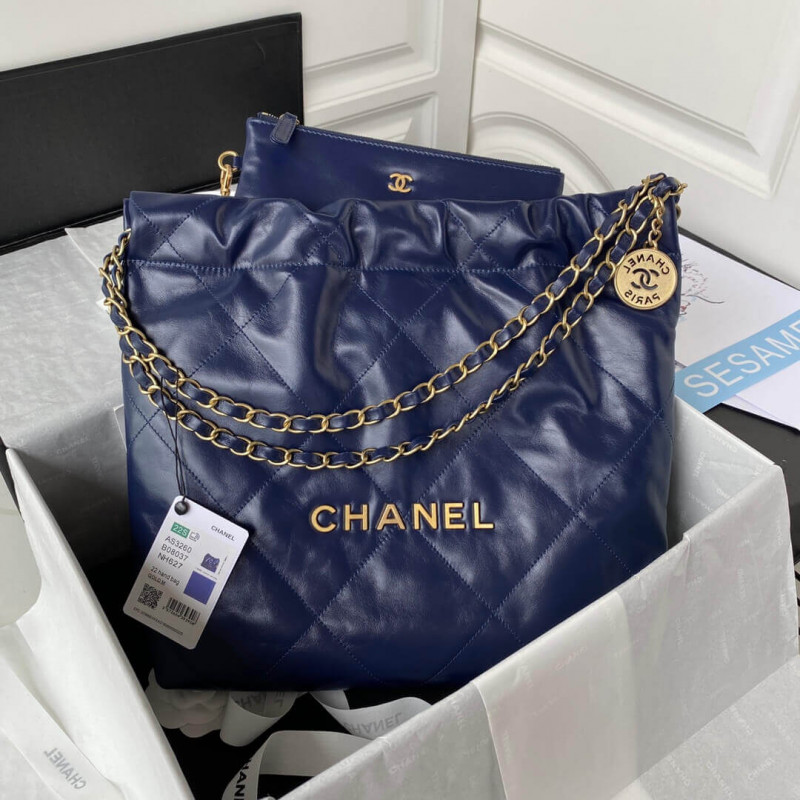 Chanel 22 Small Handbag Shiny Calfskin AS3260 Blue Gold