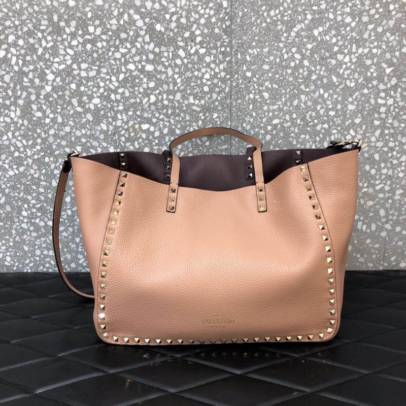 Valentino Garavani Medium Double Rockstud Reversible Tote Bag 0067J Apricot/Burgundy