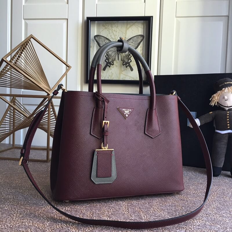 Prada Two-Tone Saffiano Leather Double Bag 1BG775 Burgundy/Grey