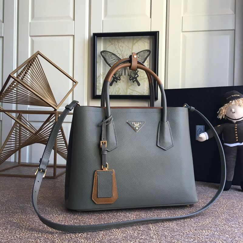 Prada Two-Tone Saffiano Leather Double Bag 1BG775 Grey/Brown