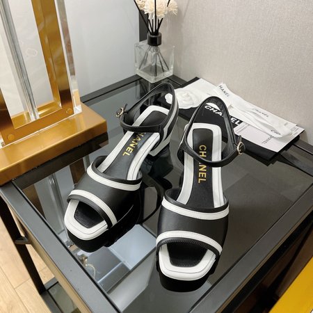 Chanel color block mid heel sandals