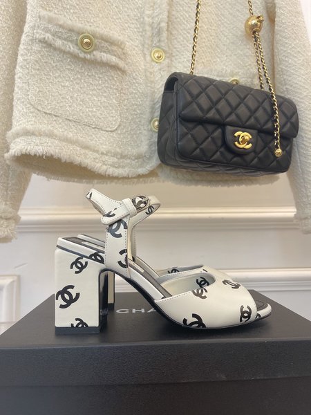 Chanel CC fish mouth block heel sandals