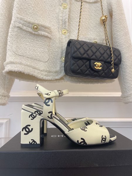 Chanel CC fish mouth block heel sandals