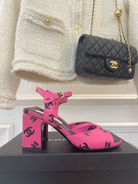 Chanel CC fish mouth block heel sandals