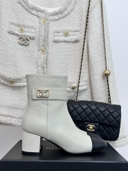 Chanel CC colorblock block heel boots