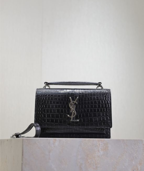 Yves Saint Laurent YSL Sunset Woc Black Crocodile Pattern Silver Buckle 533026