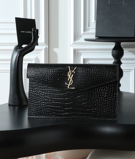 Yves Saint Laurent YSL Uptown Clutch Black Crocodile Embossed 565739