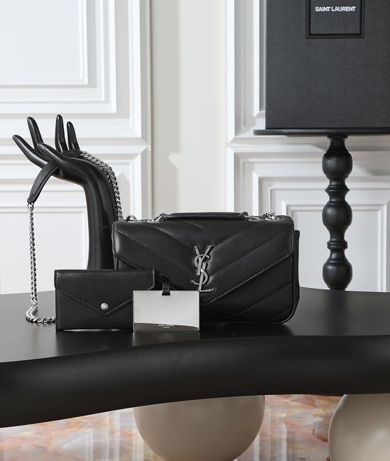 Yves Saint Laurent YSL LouLou Black Silver Buckle Bag 801437