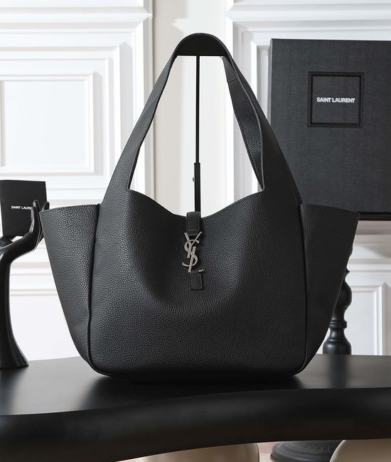 Yves Saint Laurent YSL Bea Hobo Shopping Bag Black Silver Buckle 763435