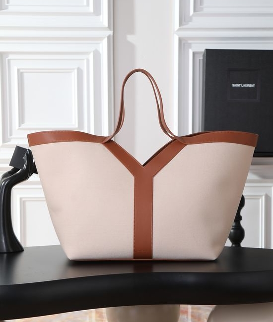 Yves Saint Laurent YSL Shopping Tote Leather Linen Bag 817602