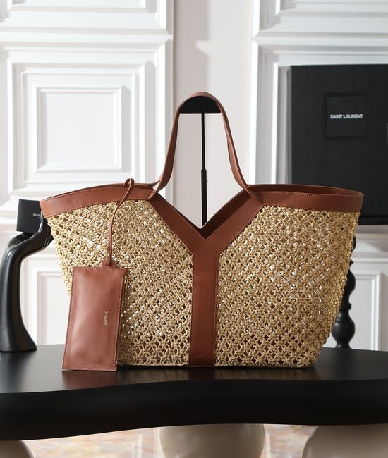 Yves Saint Laurent YSL Woven Hollow Out Brown Cowhide Tote Bag 817602
