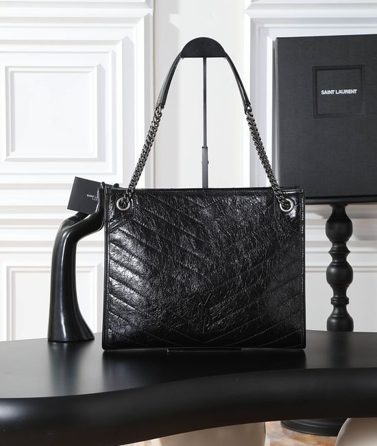 Yves Saint Laurent YSL Niki Shopping Bag Black Silver Buckle 577999