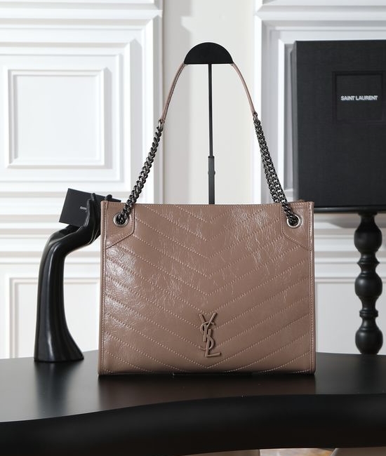 Yves Saint Laurent YSL Niki Shopping Bag Beige Silver Buckle 577999