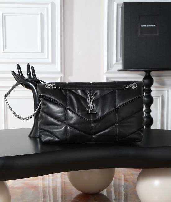 Yves Saint Laurent YSL Loulou Puffer Black Silver Buckle Lambskin Bag 577475-1