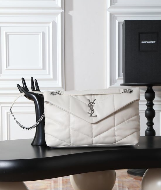 Yves Saint Laurent YSL Loulou Puffer White Silver Buckle Lambskin Bag 577475-1