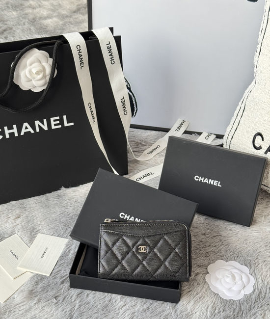 Chanel Wallet Caviar Leather Single Zip Card Holder A3179