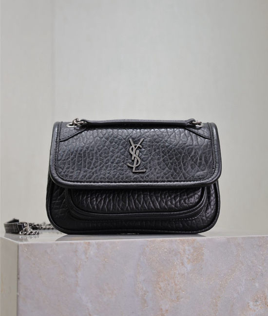 Yves Saint Laurent YSL Niki Black Elephant Embossed Silver Buckle 828736