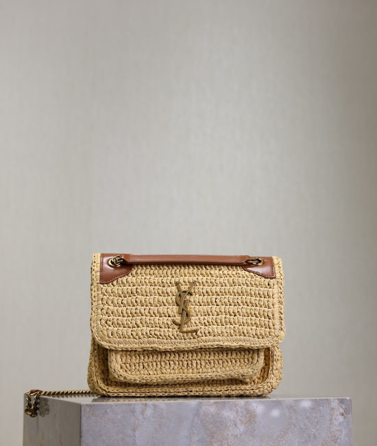 Yves Saint Laurent YSL Niki Raffia Woven Bag Layered Inner Pocket 633151