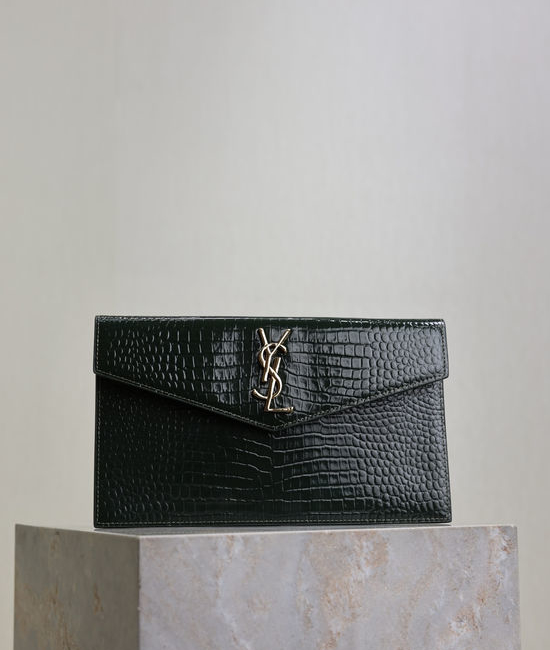 Yves Saint Laurent YSL Uptown Green Crocodile Texture Clutch 565739
