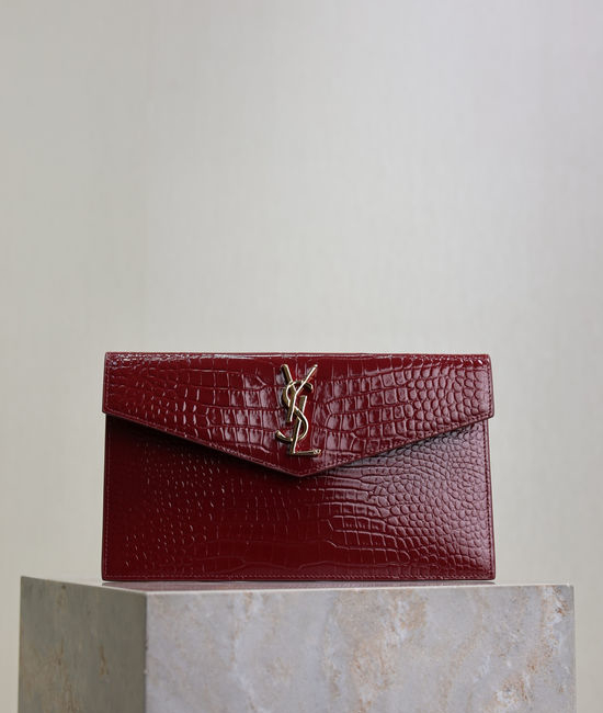 Yves Saint Laurent YSL Uptown Jack Red Crocodile Texture Clutch 565739