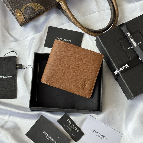 Yves Saint Laurent YSL MONOGRAM Litchi Grain Leather Folding Wallet 607727