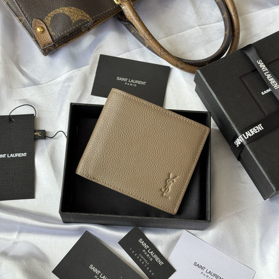 Yves Saint Laurent YSL MONOGRAM Litchi Grain Leather Folding Wallet 607727