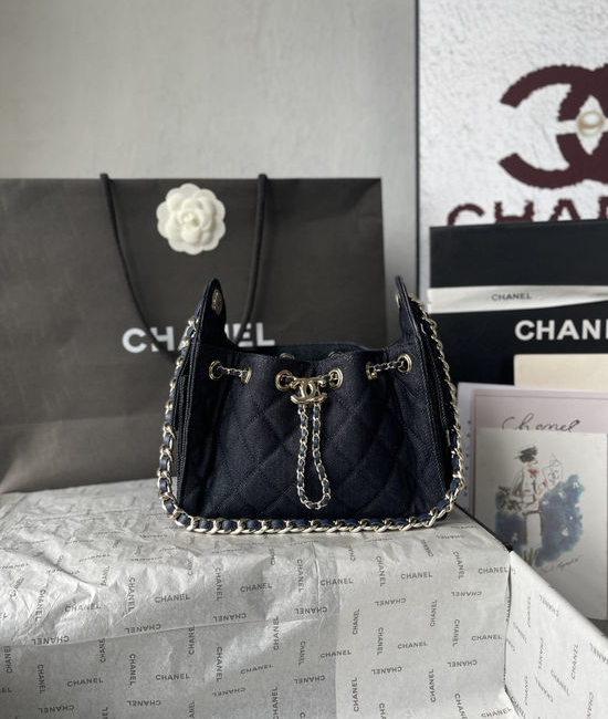 Chanel Hobo Quilted Denim Drawstring Bucket Bag AS5631
