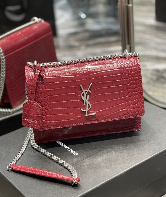 Yves Saint Laurent YSL Sunset Crocodile Pattern Burgundy Silver Buckle 422906