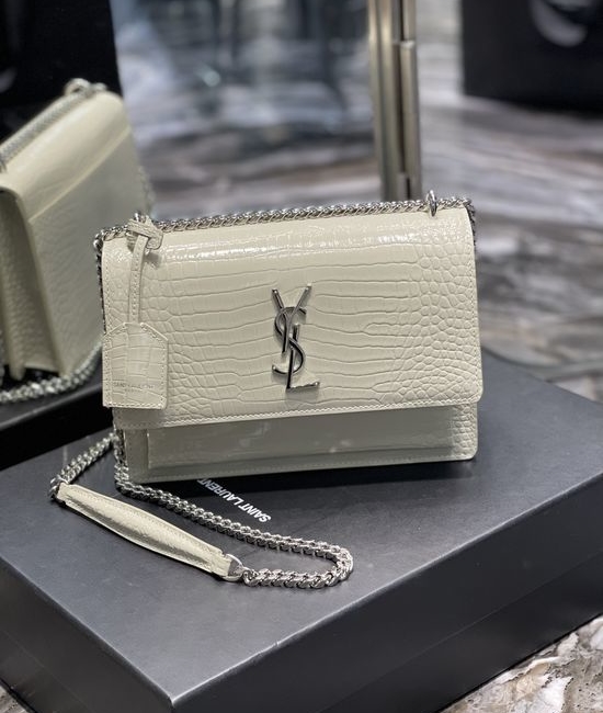 Yves Saint Laurent YSL Sunset Crocodile Pattern White Silver Buckle 422906