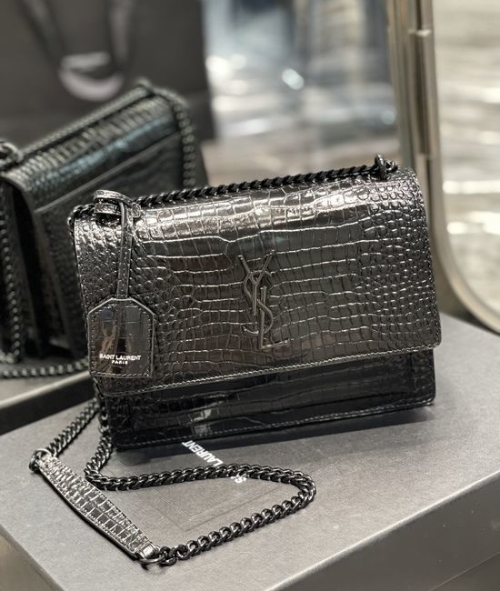 Yves Saint Laurent YSL Sunset Crocodile Leather Black Buckle Bag 422906