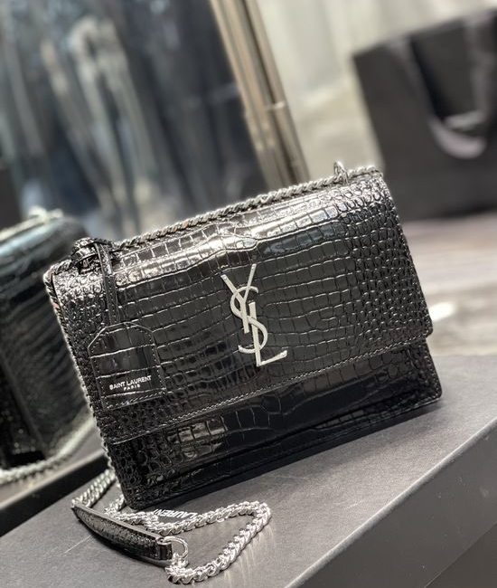 Yves Saint Laurent YSL Sunset Crocodile Leather Silver Buckle Bag 422906