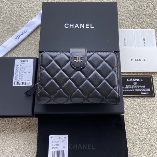 Chanel Wallet Lambskin Black Silver A48667