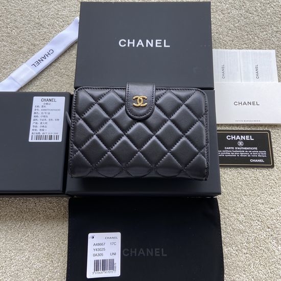 Chanel Wallet Lambskin Black Gold A48667