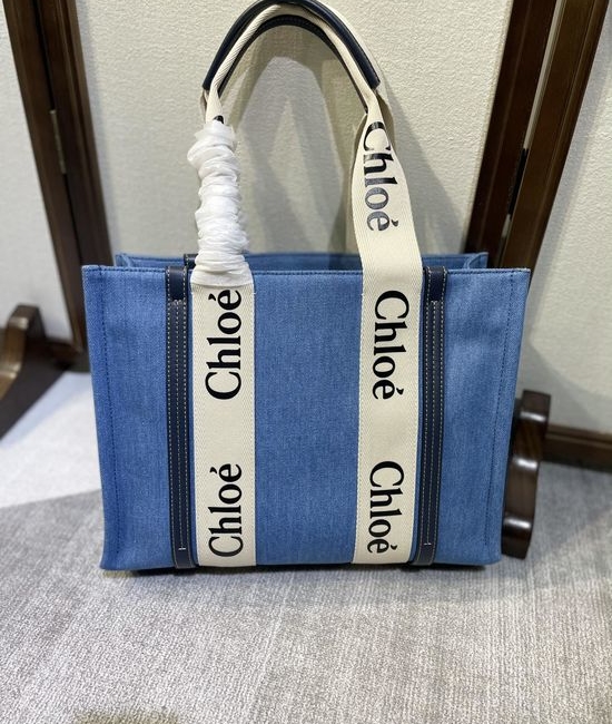 Chloe Woody Tote Bag Denim Medium 6043