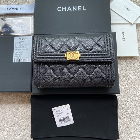 Chanel Wallet Grained Calfskin Black Gold A84302