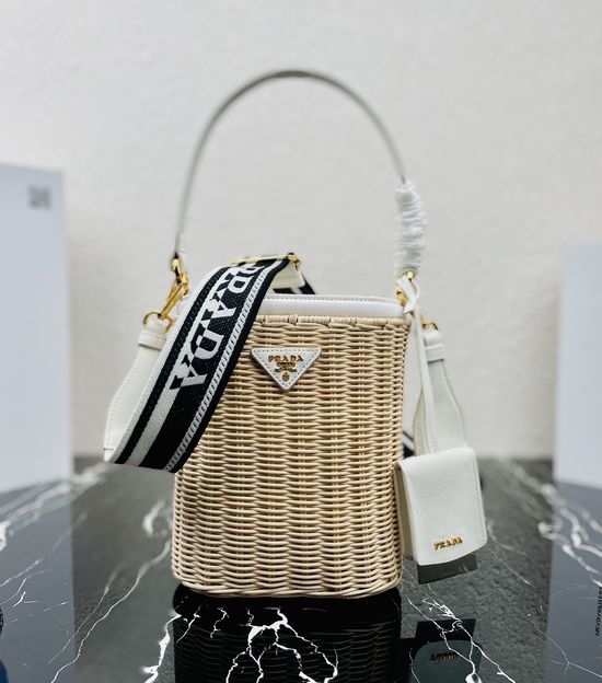 Prada Wicker Canvas Bucket Bag 1BE062