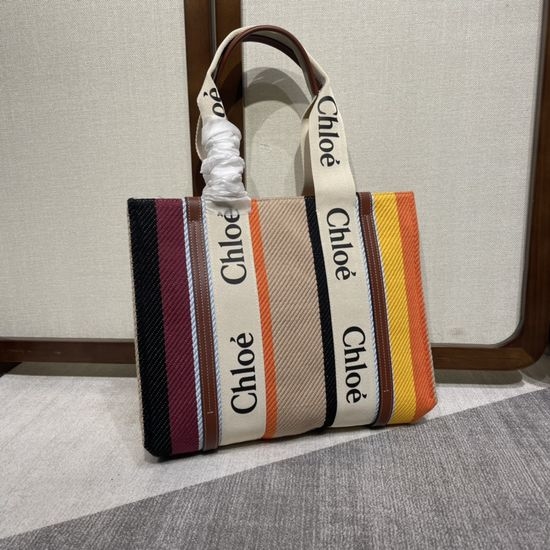 Chloe Woody Rainbow Tote Bag in Linen Striped Cotton 6043
