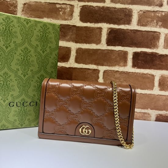 Gucci Brown Leather Chain Bag with Embroidered G 723787