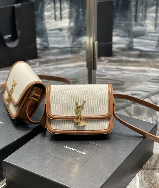 Yves Saint Laurent YSL Solferino Brown Linen Trim Bag 634306