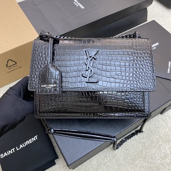 Yves Saint Laurent YSL Sunset Black Chain Crocodile Bag 442906 19746