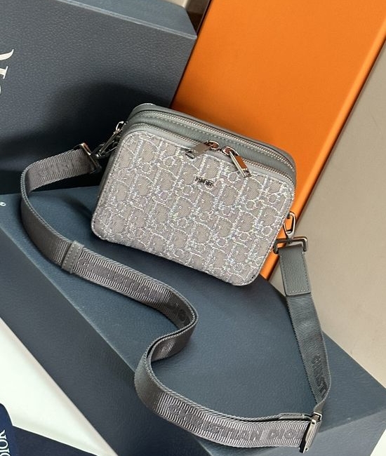 Christian Dior CD Oblique Motif Clutch with Strap Silver Gray 93310