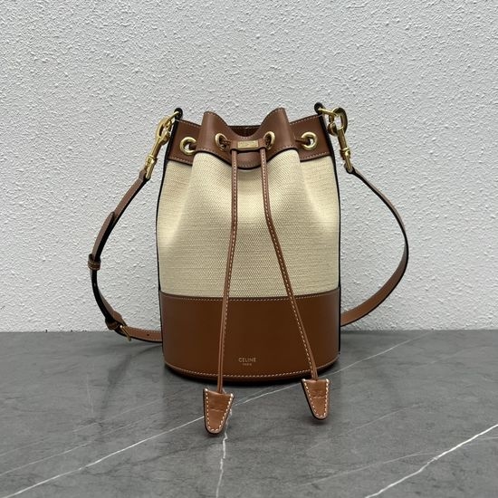 Celine Drawstring Bucket Bag Linen Leather 113082