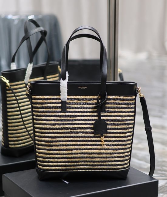 Yves Saint Laurent YSL Striped Raffia Woven Shopping Tote Bag 600307