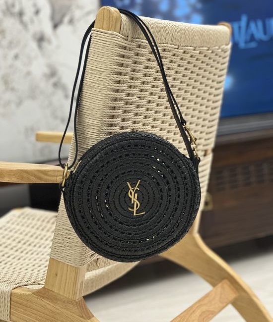 Yves Saint Laurent YSL Round Woven Bag Raffia Leather Patchwork 18310