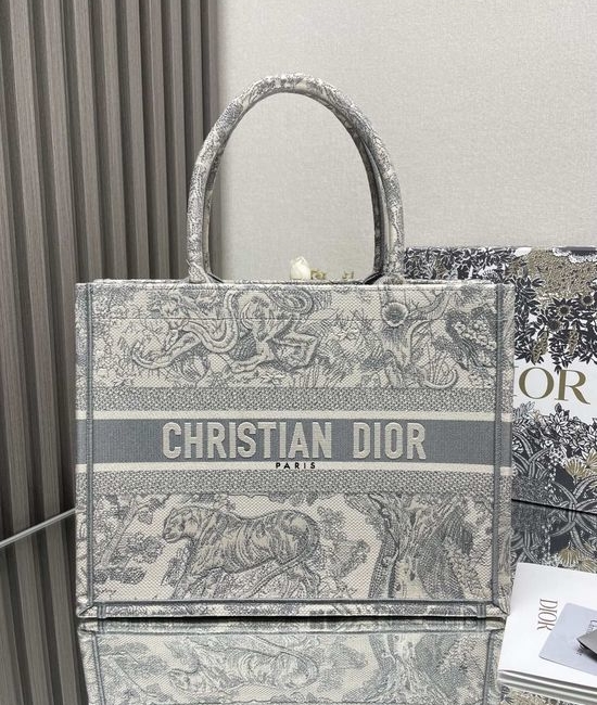Christian Dior CD Embroidery Tote Bag Grey Tiger Print