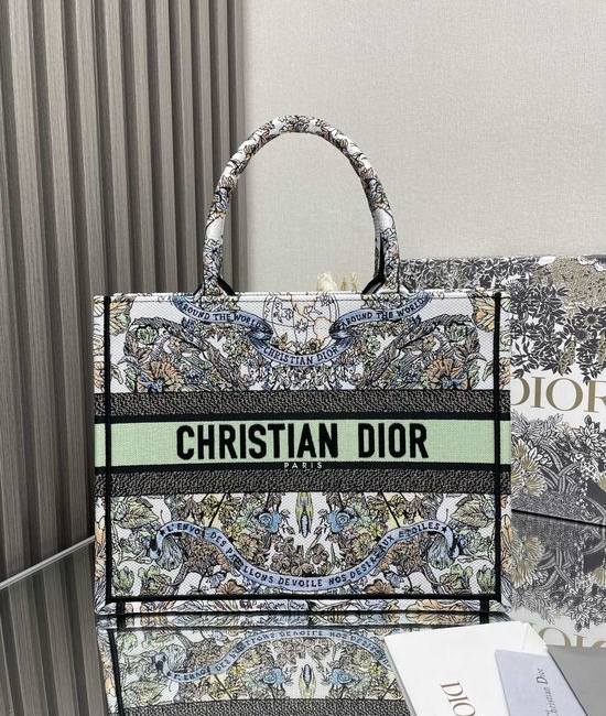 Christian Dior CD Book Tote Green Floral Medium 1286
